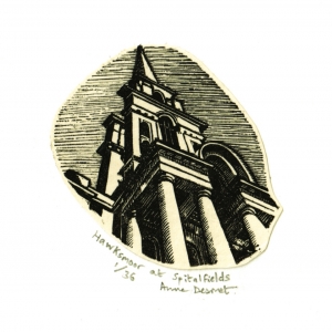 Anne Desmet. Hawksmoor at Spitalfields. Wood engraving & collage. Image size  46 x 48 mm.